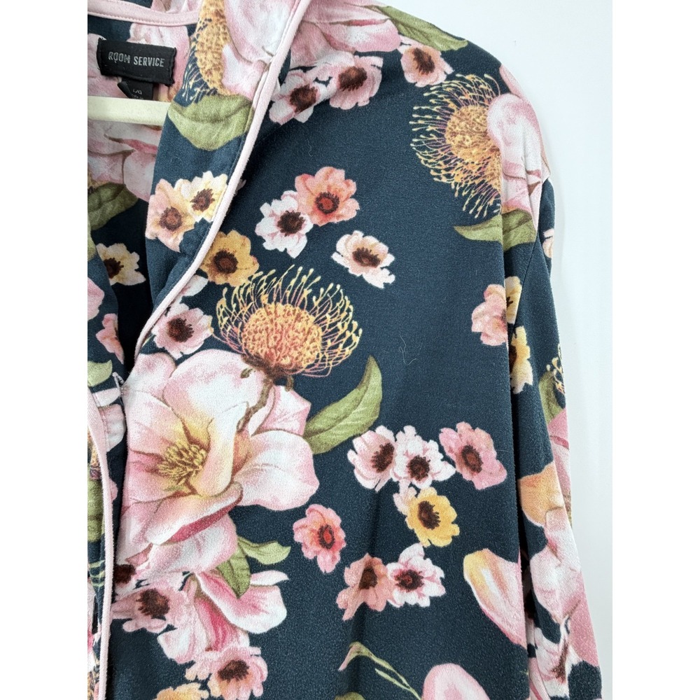 Room Service Women's Large Floral Pajama Set Button Up Top‎ Pants Pink Navy - Picture 9 of 12